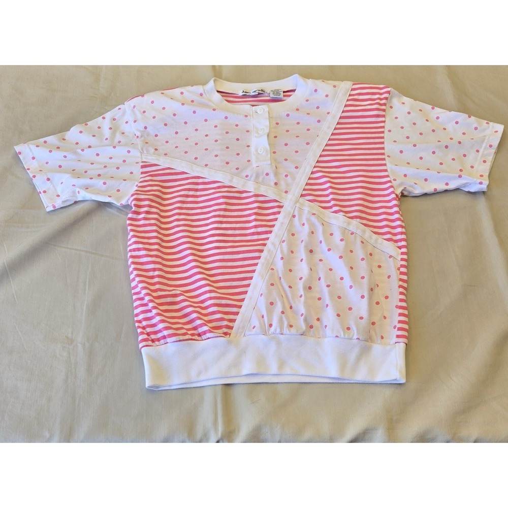 Vtg 80s Jason Maxwelle Mixed Print  Henley Top Pink Polka Dot Women Medium